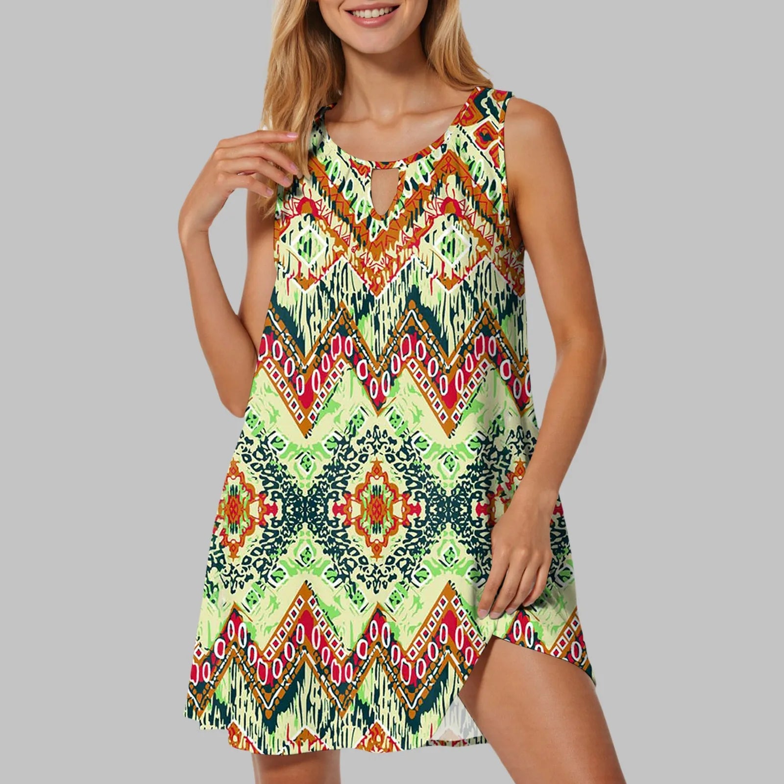 Women T Shirt Dresses Knee Length Vintage Printed Casual Dress Round Neck Sleeveless Boho Mini Dresses сарафан женский летний