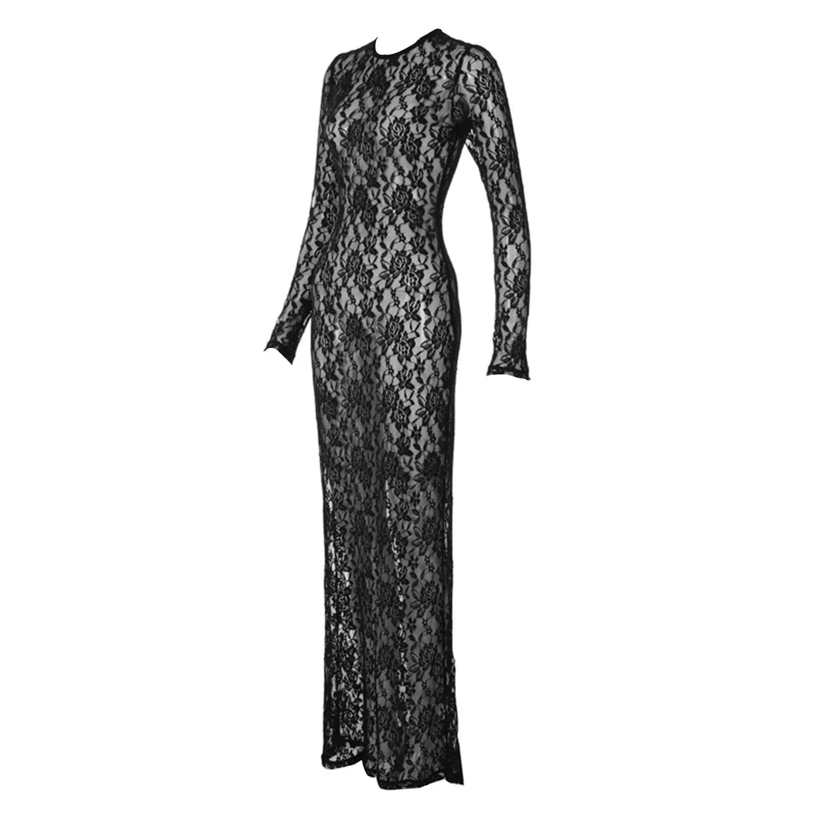 Translucent Floral Lace Fashion Dress Sexy Trend Splicing Long Sleeved Bag Hip Dresses 2025 Explosive Summer New Dress Vestidos