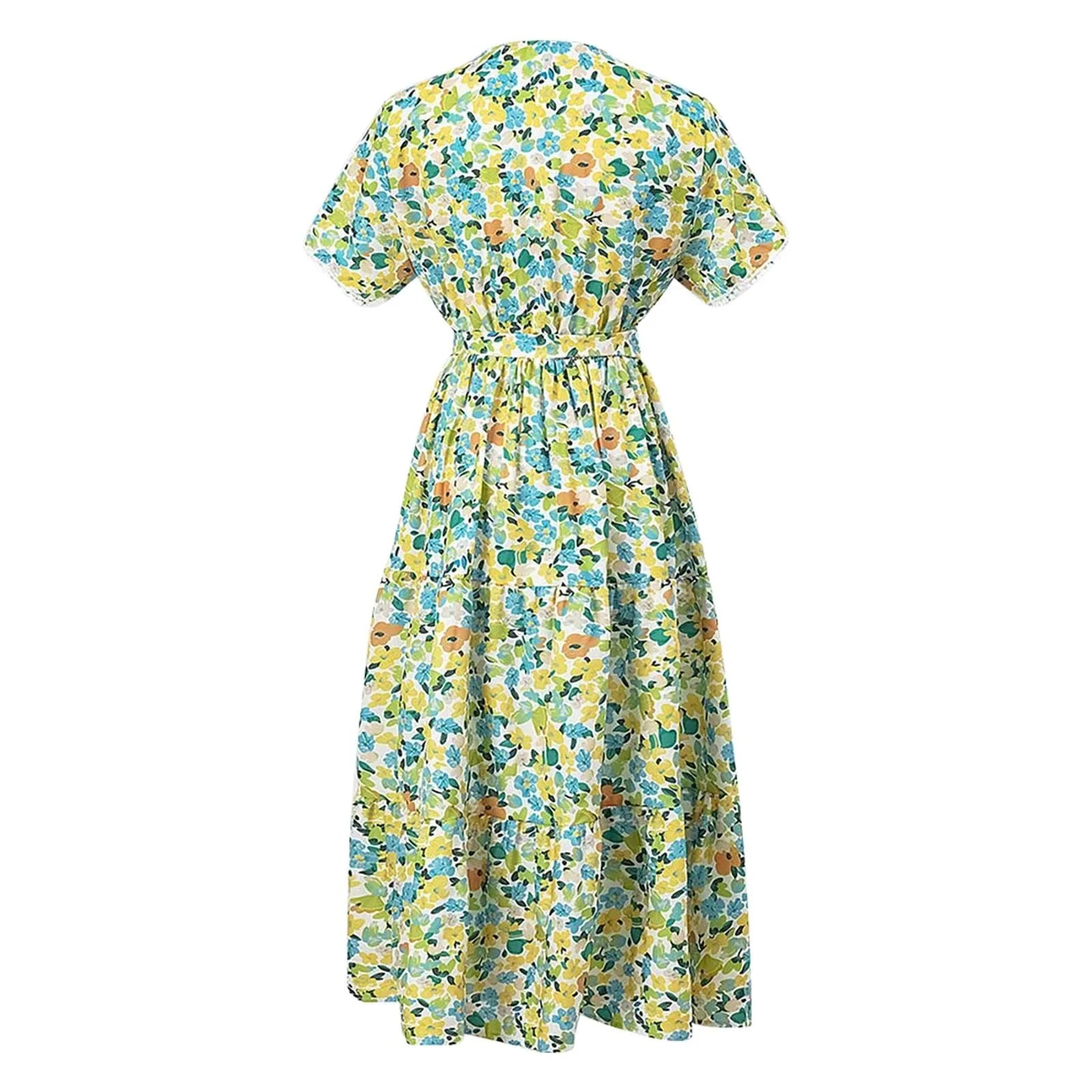 A Line Bohemian Ladies Dresses Summer Sale Floral V Neck Short Sleeve Belted Ruffle Hem Midi Dresses For Women Plus Size