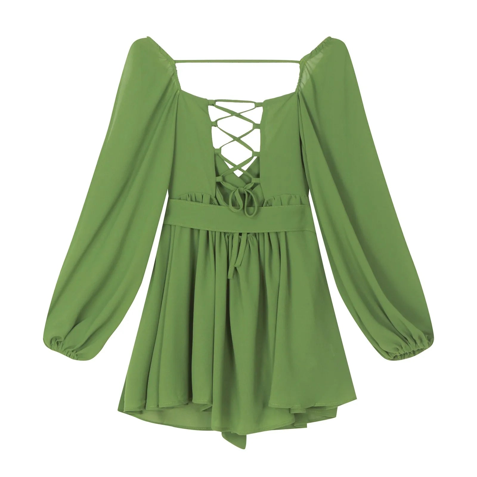 Backless Chiffon Sundress Sexy Hot Girl Dress Hollow Long Sleeve Off Shoulder Dress V Neck Slim Waist Swing Mini Dresses платье