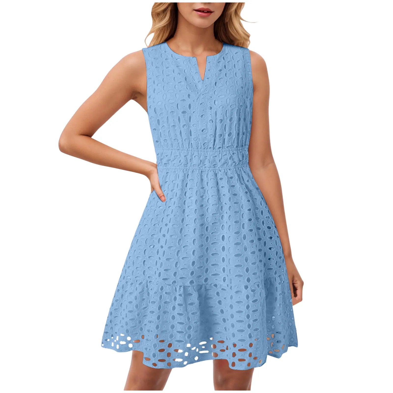 Dress Long Casual For Women Women Summer Sleeveless Dress V Neck Hollow Solid Color High Waist A Line Skirt New Years Outfits